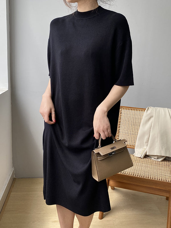 Solid Color Split-Joint Loose Short Sleeves Round-neck Sweater Dresses Midi Dresses