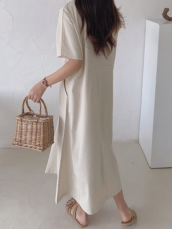 Loose Solid Color V-Neck Pleated With Pockets Midi Dresses