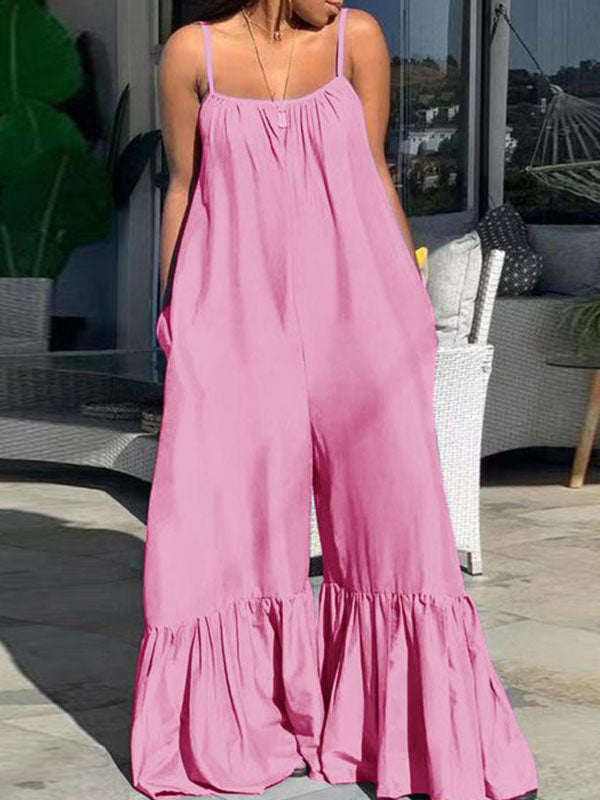 Pleated Pockets Solid Color Split-Joint Loose Sleeveless Spaghetti-Neck Jumpsuits