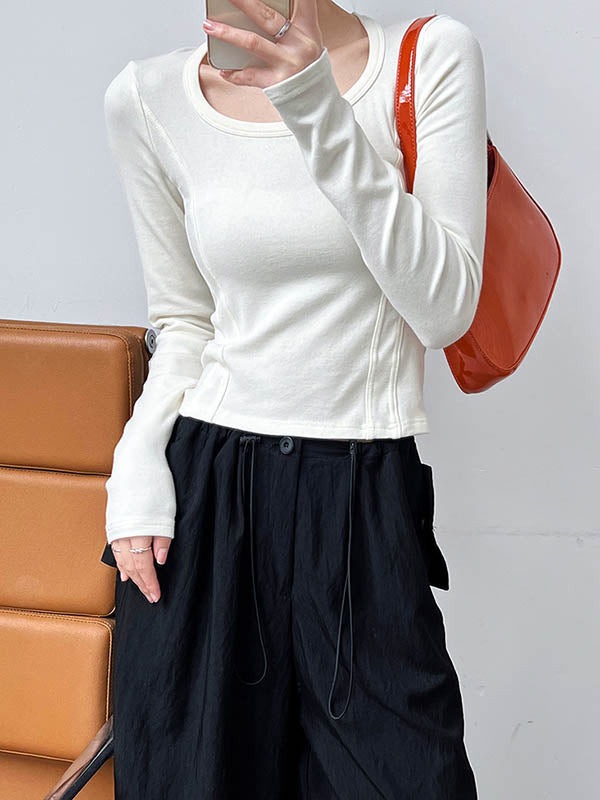 Solid Color Split-Joint Long Sleeves Skinny Round-Neck T-Shirts