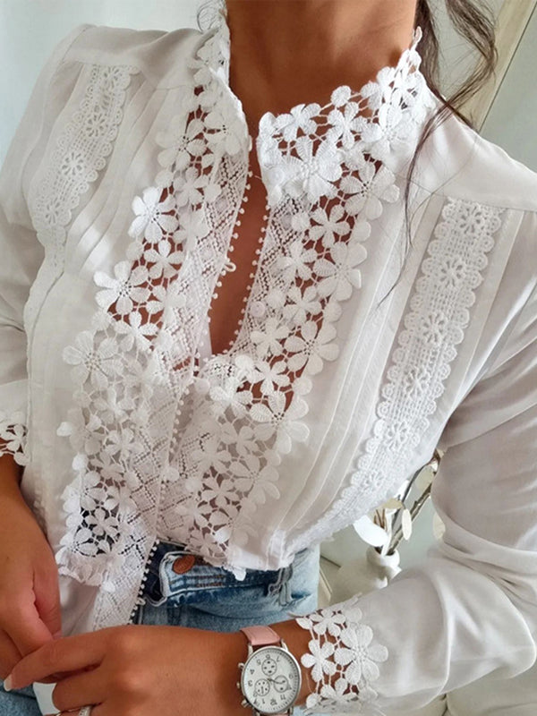 Buttoned Embroidered Solid Color Split-Joint Long Sleeves Loose Stand Collar Blouses&Shirts Tops
