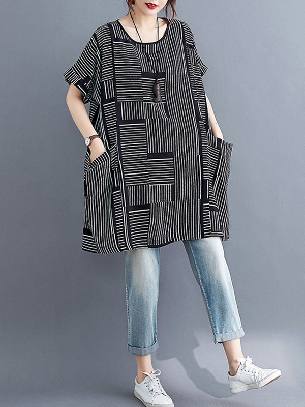 Striped Loose Short Sleeves Round-Neck T-Shirts
