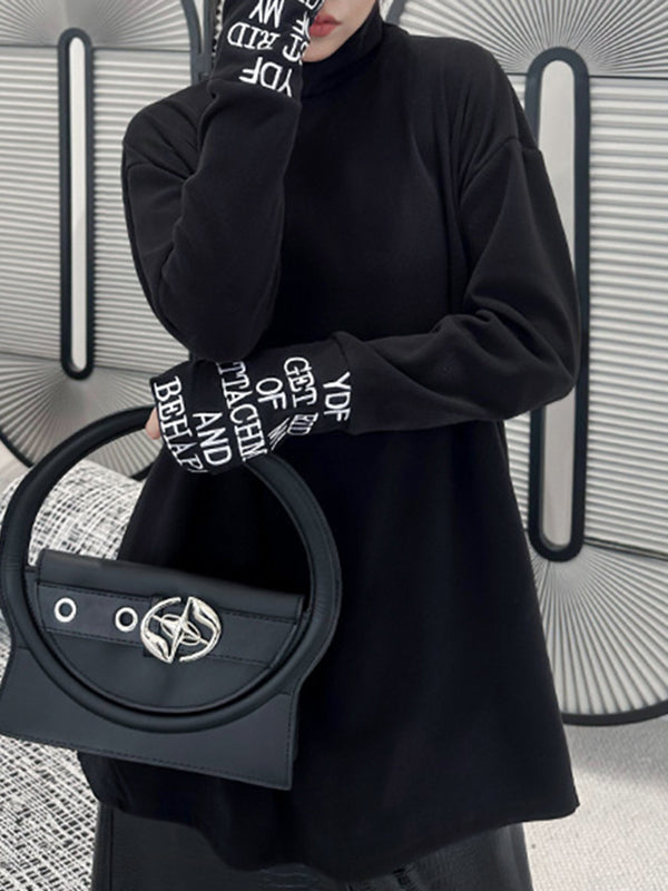 Letter Print Split-Joint Long Sleeves Loose High Neck T-Shirts