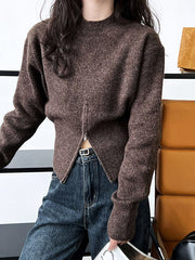 Solid Color Zipper Long Sleeves Loose Mock Neck Sweater Tops Pullovers