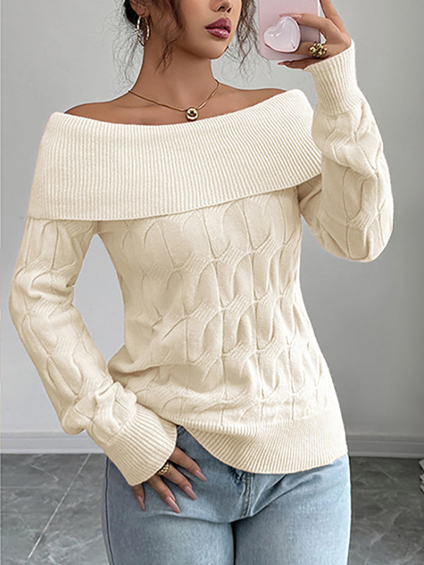 Solid Color Split-Joint Long Sleeves Off-The-Shoulder Sweater Tops Pullovers