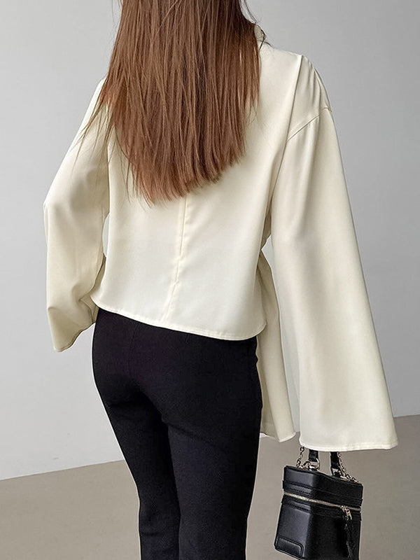 Pleated Solid Color Zipper Flared Sleeves Long Sleeves Stand Collar Blouses&Shirts Tops