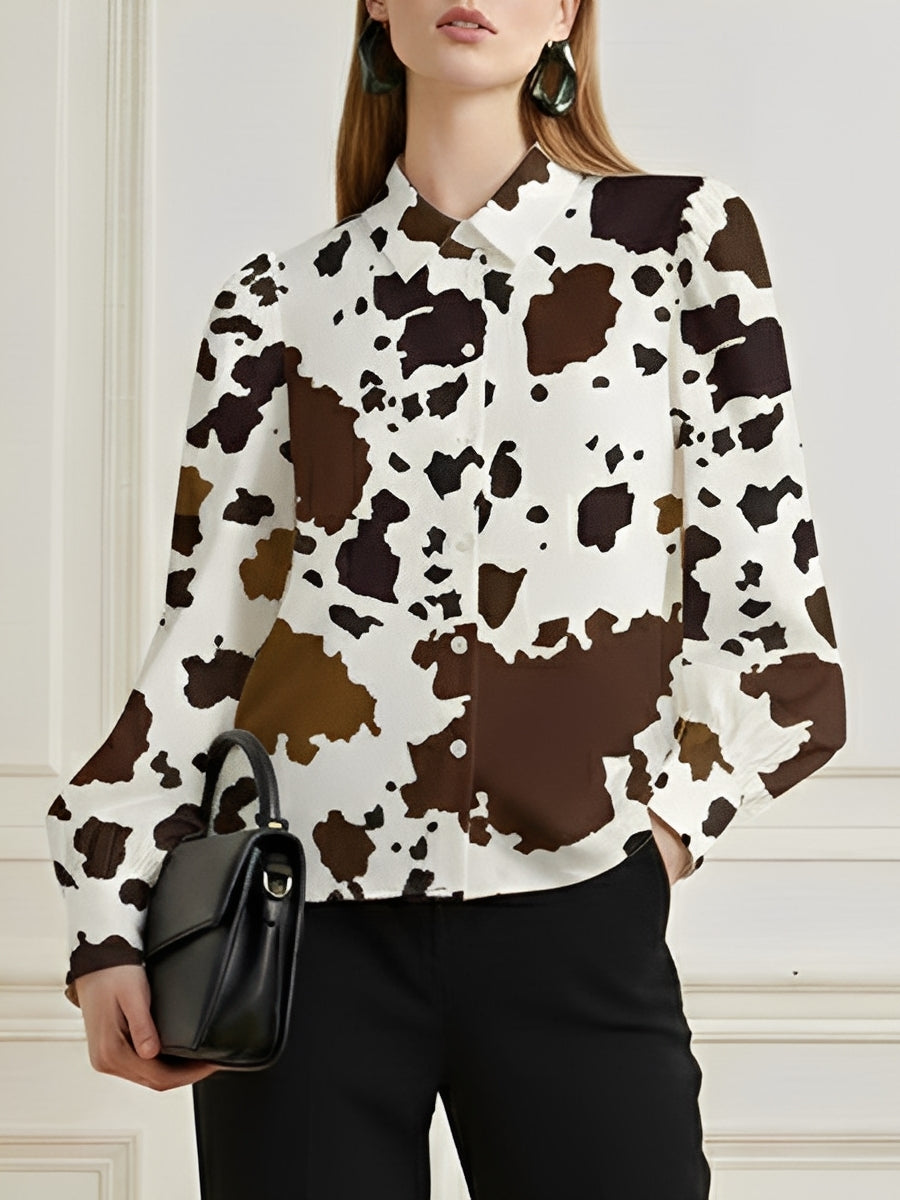 Long Sleeves Loose Buttoned Contrast Color Cow Printed Split-Joint Lapel Blouses&Shirts Tops
