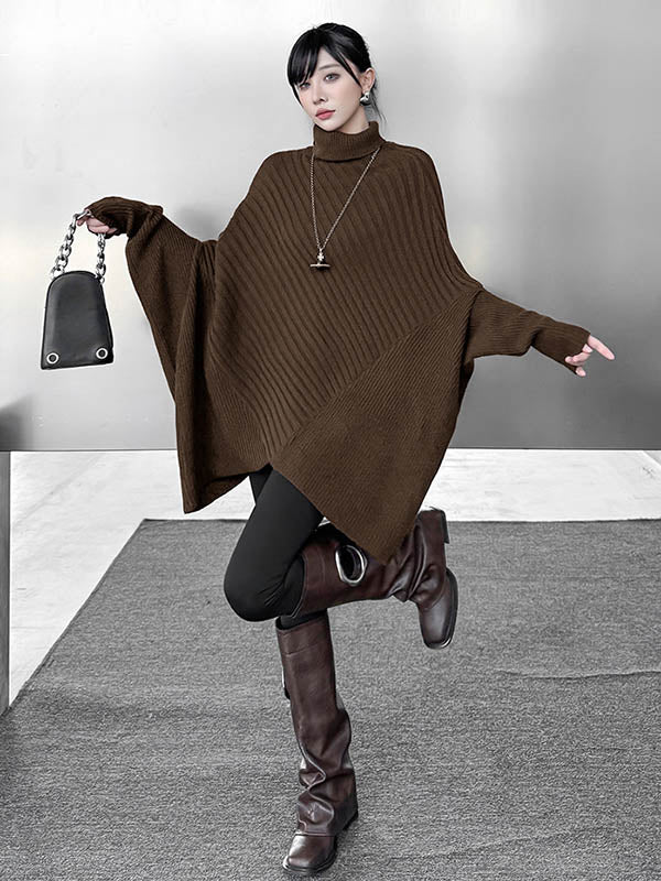 Asymmetric Ribbed Knit Solid Color Split-Joint Batwing Sleeves Irregularity High Neck Sweater Tops