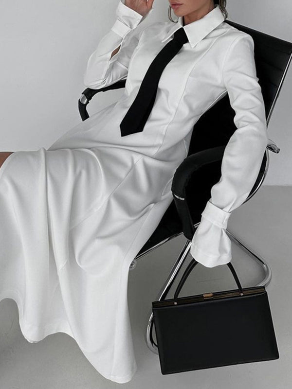 Buttoned Solid Color Split-Joint Split-side A-line Flared Sleeves Lapel Shirt Dress Maxi Dresses