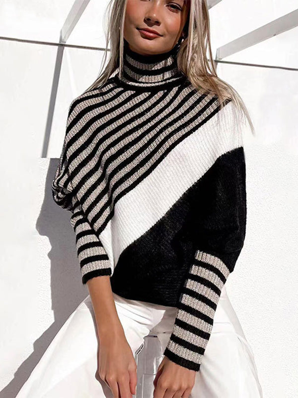 Trendy Batwing Sleeves Long Sleeves Striped High-Neck Sweater Tops
