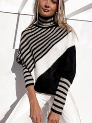 Trendy Batwing Sleeves Long Sleeves Striped High-Neck Sweater Tops