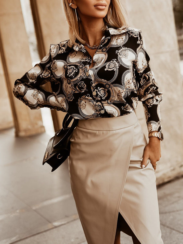 Contrast Color Printed Long Sleeves Loose Lapel Blouses
