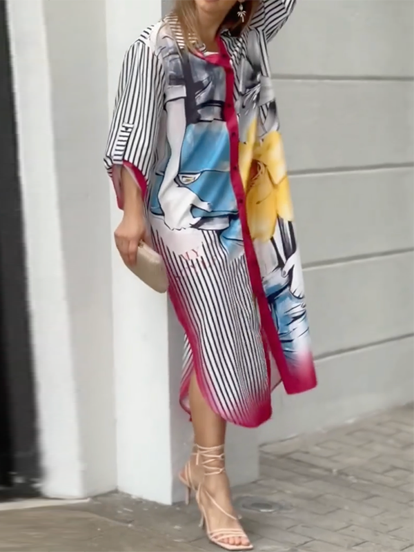 Long Sleeves Loose Asymmetric Printed Striped Lapel Collar Midi Dresses