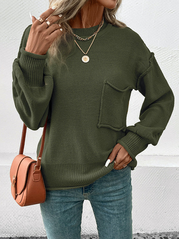 Pockets Solid Color Split-Joint Long Sleeves Loose Round-Neck Sweater Tops Pullovers