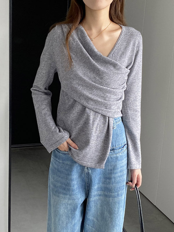 Asymmetric Solid Color Long Sleeves Loose V-Neck T-Shirts Tops