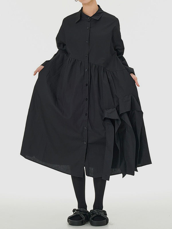 Asymmetric Buttoned Pleated Solid Color Long Sleeves Loose Lapel Midi Dresses
