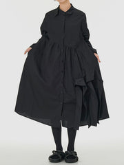 Asymmetric Buttoned Pleated Solid Color Long Sleeves Loose Lapel Midi Dresses