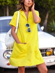Loose Short Sleeves Pockets Solid Color Notched Collar Mini Dresses