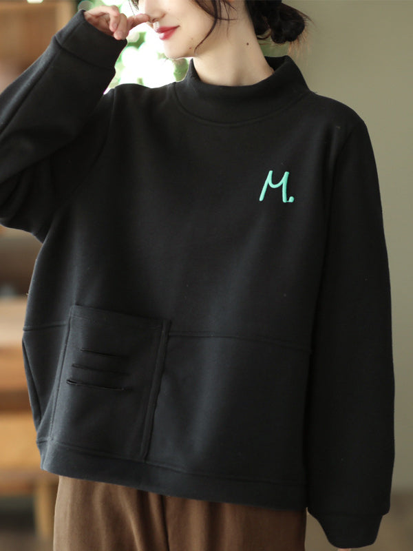 Simple Loose Long Sleeves Velvet Solid Color High-Neck Sweatshirt Tops