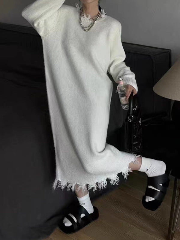 Fringed Solid Color High Waisted Long Sleeves Round-Neck Sweater Dresses Midi Dresses