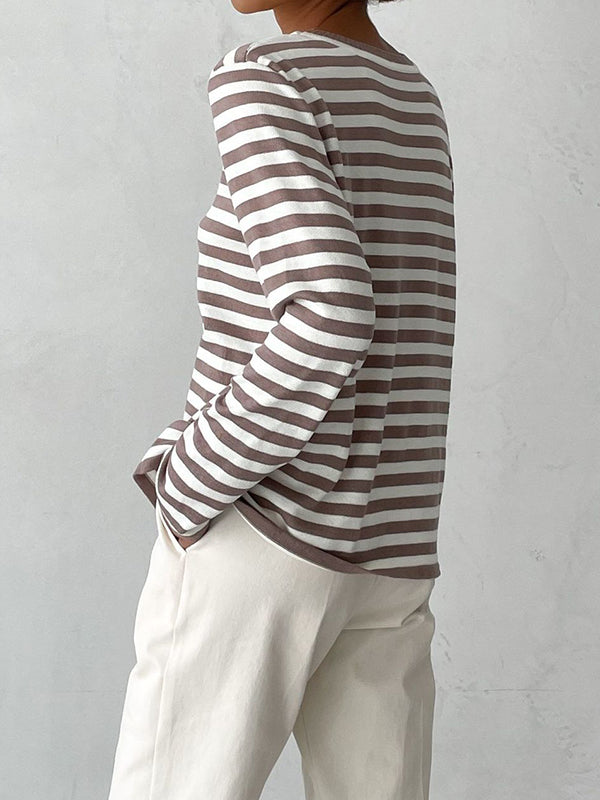Split-Joint Striped Long Sleeves Loose Round-Neck Sweater Tops