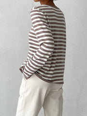 Split-Joint Striped Long Sleeves Loose Round-Neck Sweater Tops