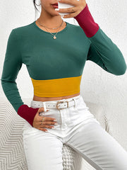 Contrast Color Long Sleeves Skinny Round-Neck T-Shirts Tops