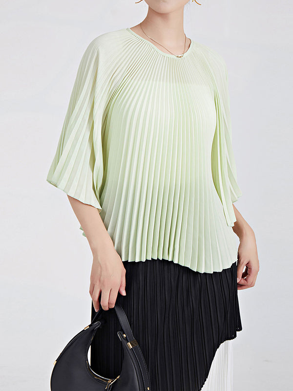 Pleated Solid Color Batwing Sleeves Loose Round-Neck T-Shirts Tops