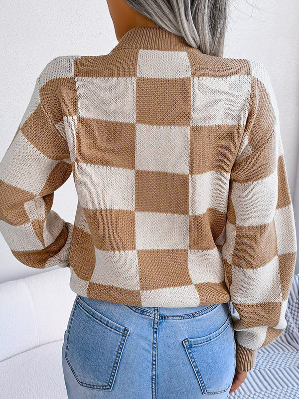 Contrast Color Plaid Long Sleeves Loose Round-Neck Sweater Tops
