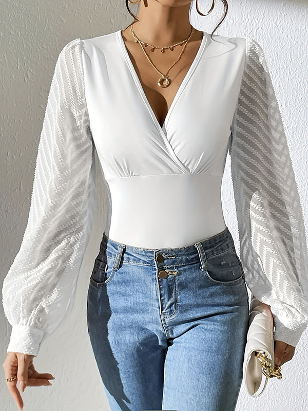 Hollow Pleated Solid Color Split-Joint Long Sleeves Deep V-Neck Blouses&shirts Tops
