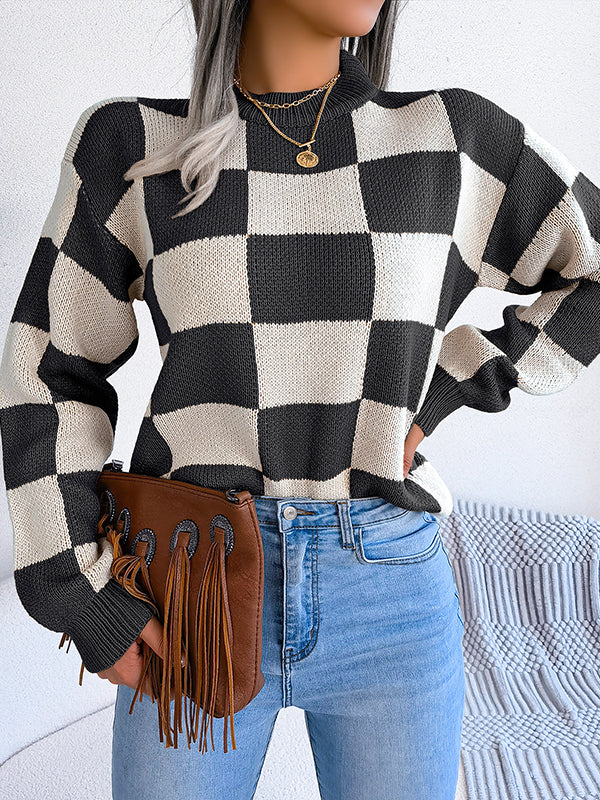 Contrast Color Plaid Long Sleeves Loose Round-Neck Sweater Tops