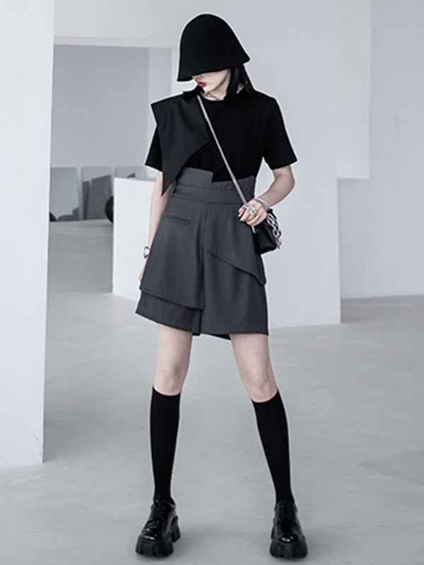 Urban Asymmetric Split-Front Solid Color Short Sleeves T-Shirt Top