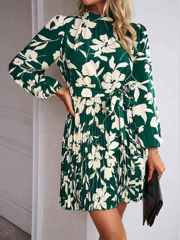 Flower Print Pleated Tied Waist High Waisted Long Sleeves Mock Neck Mini Dresses