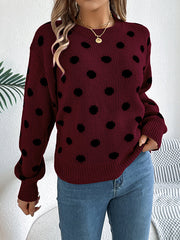 Contrast Color Polka-Dot Long Sleeves Loose Round-Neck Sweater Tops Pullovers