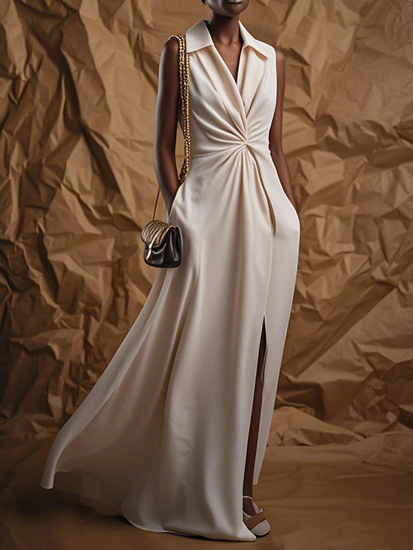 Pleated Pockets Solid Color Split-Front Loose Sleeveless Lapel Maxi Dresses
