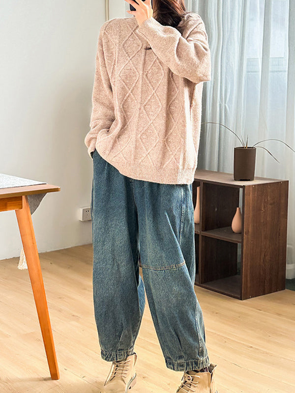 Simple Loose Long Sleeves Jacquard Solid Color Round-Neck Sweater Tops