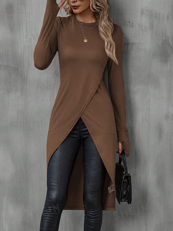 Solid Color Bodycon High-Low Round-Neck T-Shirts Tops