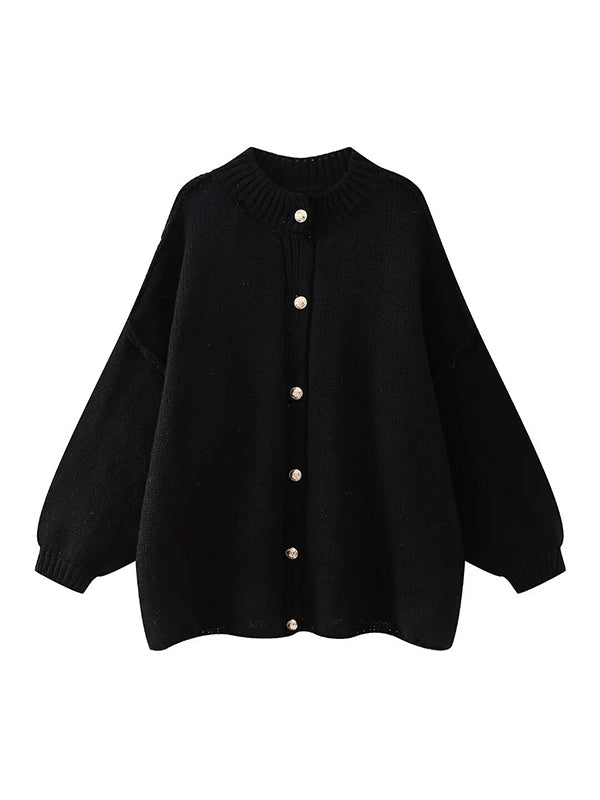 Buttoned Split-Joint Loose Puff Sleeves Round-neck Cardigan Tops
