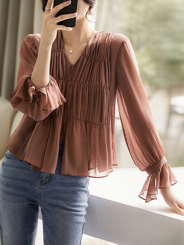 Pleated Solid Color Split-Front Flared Sleeves Long Sleeves V-Neck Blouses&Shirts Tops