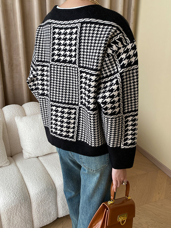 Long Sleeves Loose Contrast Color Houndstooth Split-Joint Round-Neck Cardigan Tops
