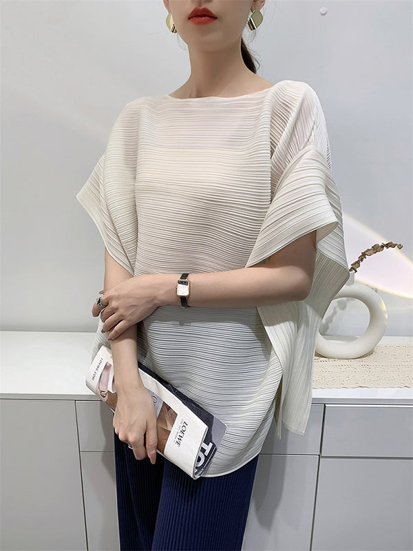 Pleated Solid Color Batwing Sleeves Loose Round-Neck T-Shirts Tops