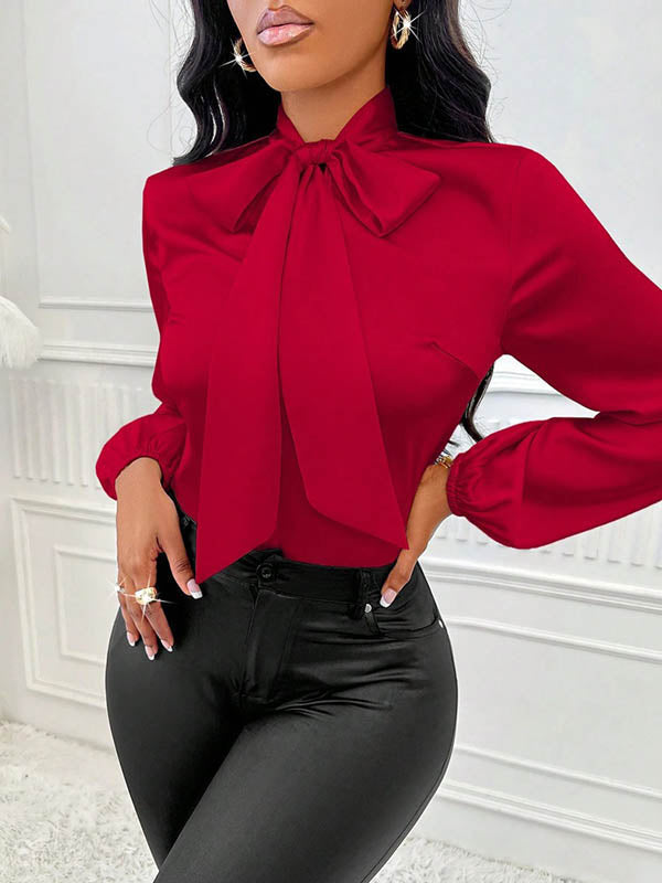 Bow-Embellished Pleated Solid Color Split-Joint Long Sleeves Loose Scarf Collar Blouses&Shirts Tops