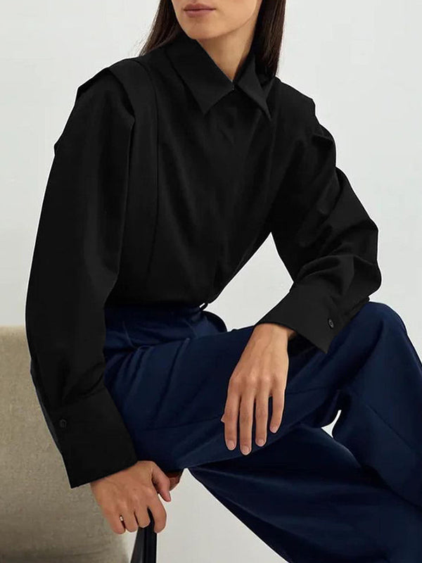 Buttoned Solid Color Long Sleeves Loose Lapel Blouses&Shirts Tops