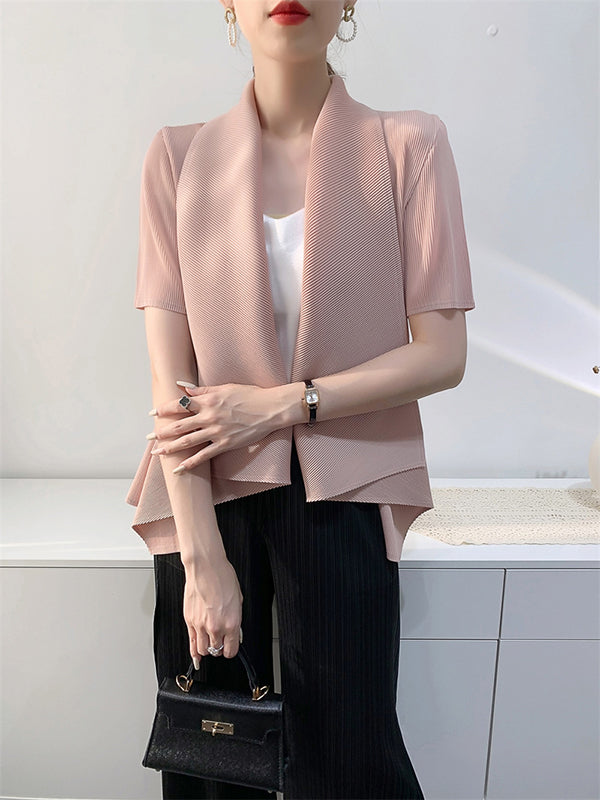 Pleated Solid Color Loose Short Sleeves Collarless Outerwear