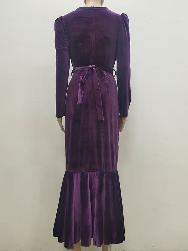 Belted Solid Color Zipper Mermaid Wrap Round-Neck Midi Dresses