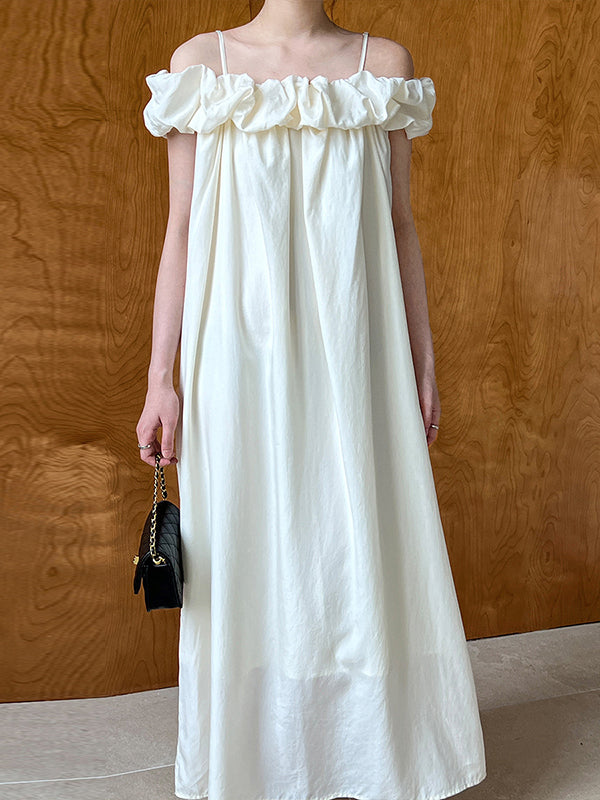 Elasticity Pleated Solid Color Split-Joint Loose Sleeveless Off-The-Shoulder Maxi Dresses