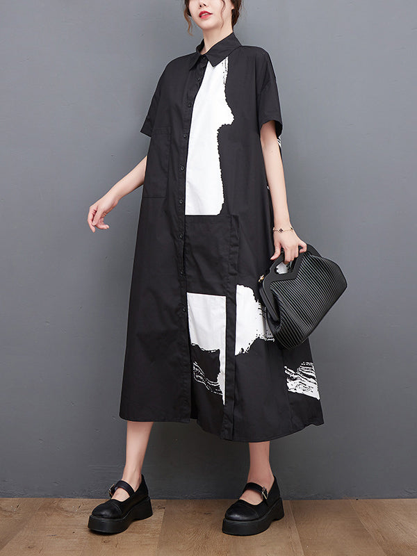 Original Loose Short Sleeves Buttoned Contrast Color Printed Midi Dresses