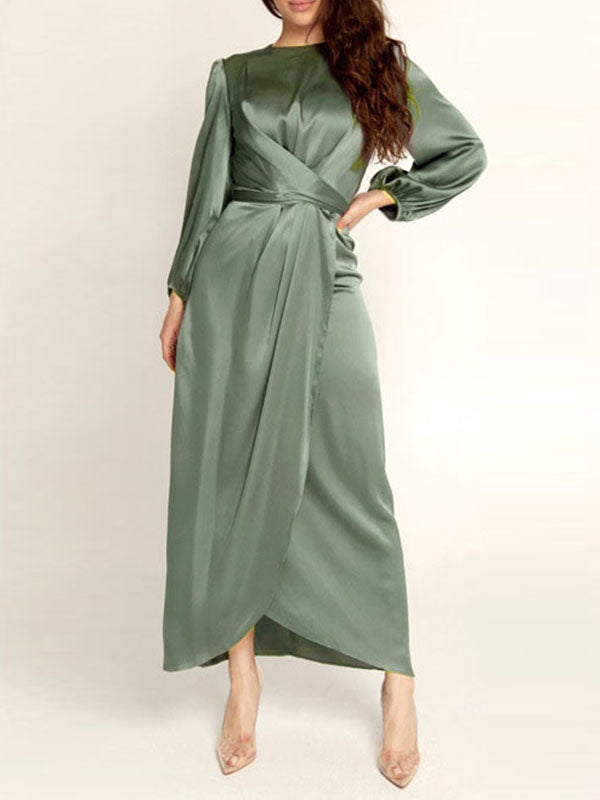 High-Waisted Solid Color Tied Waist Zipper Wrap Round-neck Maxi Dresses
