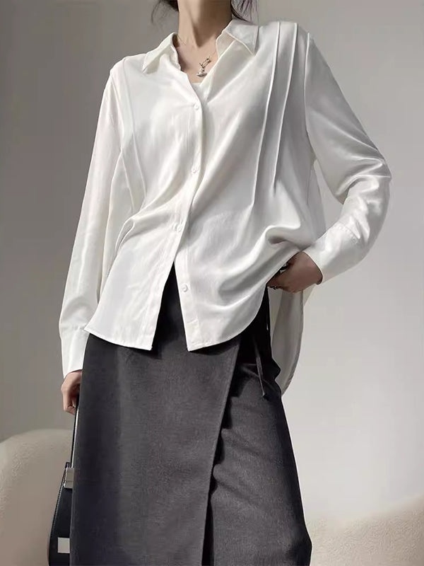 Pleated Split-Joint Long Sleeves Loose Lapel Blouses&Shirts Tops
