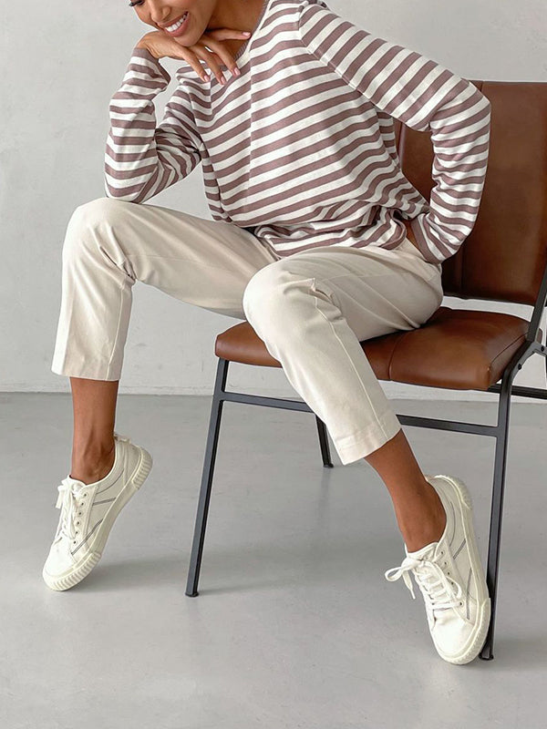 Split-Joint Striped Long Sleeves Loose Round-Neck Sweater Tops